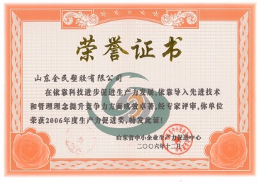 省級生產(chǎn)力促進(jìn)獎(jiǎng)榮譽(yù)證書2006.12